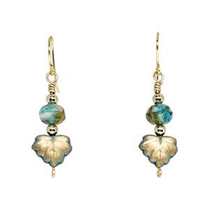 Handmade Gold Turquoise Leaf Charm Boho Earrings with Turquoise Crystal Beads